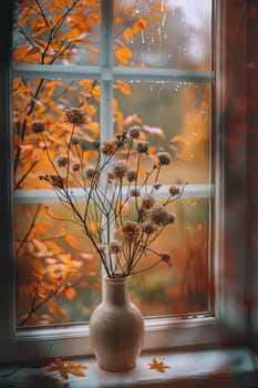 dried flowers in a vase on the background of an autumn window. Selective focus. nature.