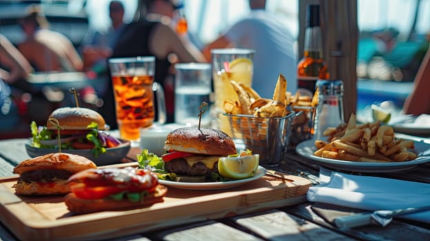 lots of delicious food with the beach in the background. Selective focus. food.