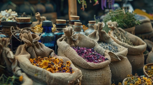 Dried flowers and herbs, infusions and decoctions on the market. Selective focus. nature.