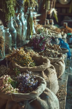 Dried flowers and herbs, infusions and decoctions on the market. Selective focus. nature.