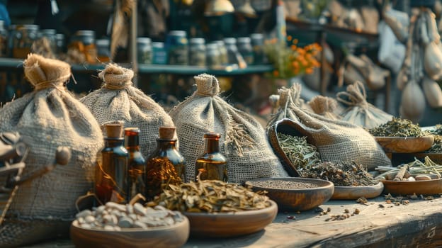 Dried flowers and herbs, infusions and decoctions on the market. Selective focus. nature.