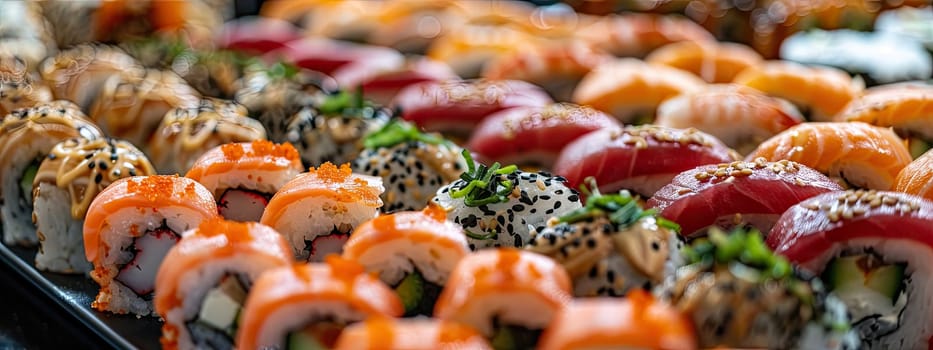 A variety of sushi and rolls on a plate. Selective focus. food.