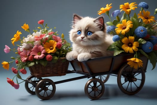 Cute kitten with a large bouquet of flowers in a cart .