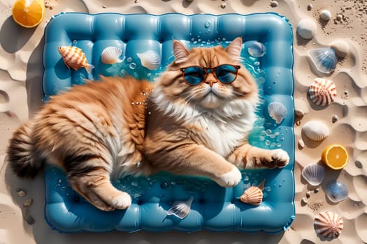 a cat in sunglasses on an air mattress sunbathing in the summer sun, top view .