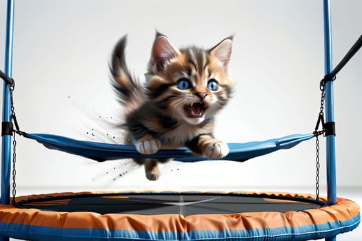 happy positive kitten jumping on a large trampoline, happy childhood .