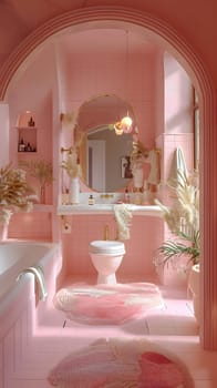 A pink bathroom with hardwood flooring, molding, and a wooden arch. Featuring a toilet, sink, mirror, and plaster ceiling in a house