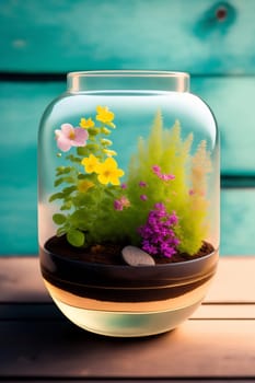 Florarium mini-garden in a glass container on a windowsill, picture in watercolor technique. Generative AI