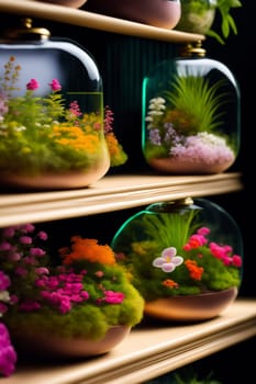 Florarium mini-garden in a glass container on a windowsill, picture in watercolor technique. Generative AI