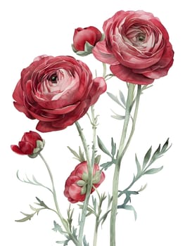 A beautiful painting of a bunch of red flowers with green leaves on a white background, showcasing the beauty of flowering plants like roses in a creative art form