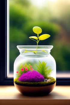 Florarium mini-garden in a glass container on a windowsill, picture in watercolor technique. Generative AI