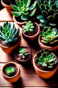 Lots of different succulents on a wooden table in daylight. Generative AI