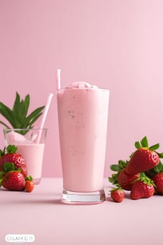 Strawberry milkshake in a glass on a pink background. The concept of summer soft drinks. Generative AI