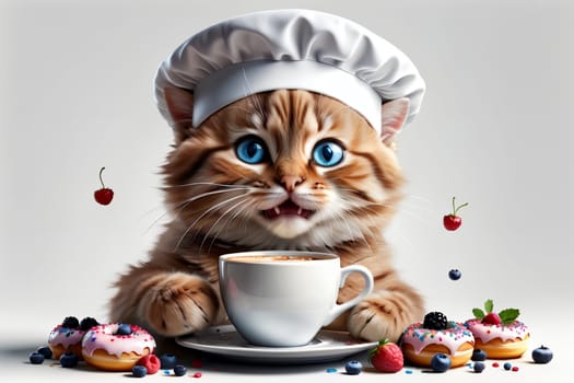 professional cat chef with colored sweet donuts, donuts in sweet glaze .