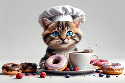 professional cat chef with colored sweet donuts, donuts in sweet glaze .