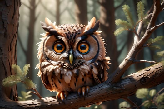 cute beautiful owl sitting on a branch in the forest .