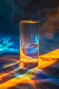 A glass of liquid is placed on a table with a vibrant background. The drinkware, possibly a highball glass, contains an amber fluid, suggesting an alcoholic beverage