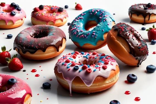 delicious bright sweet donuts with colored glaze and berries .