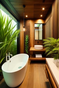 The interior of a stylish modern bathroom in a hotel on the island of Bali. Bathroom with wood elements and large green plants. Generative AI