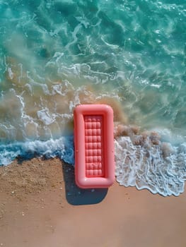 A magenta plastic inflatable raft shaped like a rectangle is drifting on the electric blue waters of the ocean at the beach