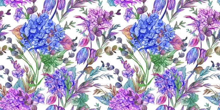 Seamless watercolor pattern drawn in pencil with hydrangeas and summer plants