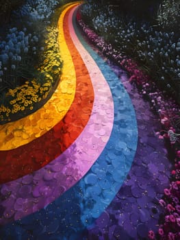 An artistic painting depicting a vibrant rainbow colored path lined with flowers on a purple asphalt road surface, creating a beautiful natural landscape