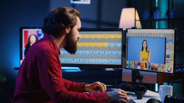 Photographer enhancing images quality, correcting flaws and adjust color, contrast, and brightness in creative studio. Photo editor using retouching software to edit and improve photographs