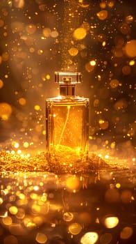 A fluid amber liquid in a bottle of perfume is resting on a table, glistening in the streetlight with gold glitter. The orange hue of the perfume evokes the warmth of a sunny day in nature
