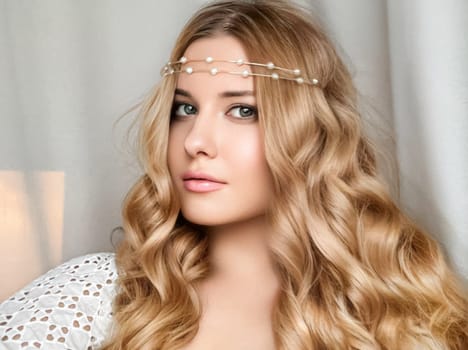 Beautiful bridal look, bride with long hair, wearing pearl tiara jewellery and beauty makeup, blonde woman with curly hairstyle, face portrait for wedding and fashion style idea