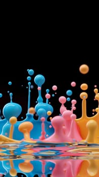 A dynamic display of multicolored paint droplets captured in mid-air against a stark black backdrop, showcasing the beauty of fluid motion.