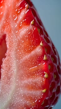 A detailed look at the surface of a ripe strawberry, showcasing its bright red skin and the characteristic seed-studded texture - Generative AI