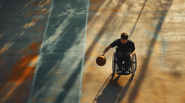 An athlete in a wheelchair dribbles a basketball on a sunlit court, shadows and lines creating a striking contrast - Generative AI