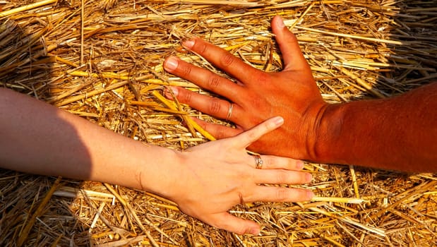 Light-skinned and dark-skinned hands peacefully rest on a hay bed, symbolizing unity in diversity and collaboration. This image embodies strength in coming together despite differences.