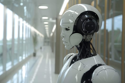 A robot equipped with audio headphones stands in a metallic hallway, possibly at a futuristic event. Its engineering includes steel and glass components for protection and functionality