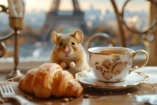 A hamster is snuggled up on a table beside a cup of tea and a croissant, surrounded by food and drinkware