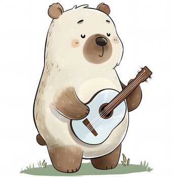 A Vertebrate Mammal, a cartoon polar bear, is enjoying playing a guitar in the grass. The Toy Musical instrument is made of Wood, giving a lovely Artistic illustration
