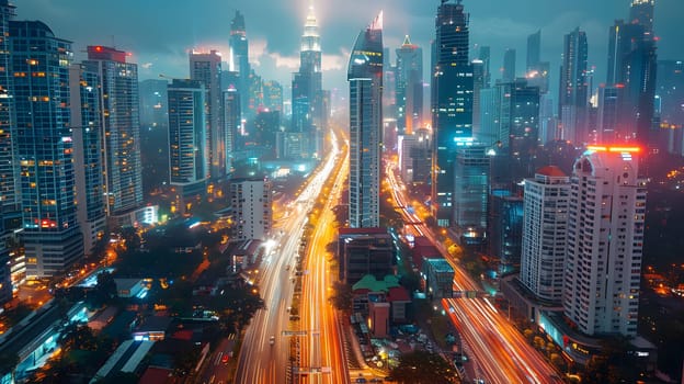 An urban landscape with skyscrapers and tower blocks, set against a backdrop of city lights at night. A highway cuts through the foreground, adding movement to the cityscape