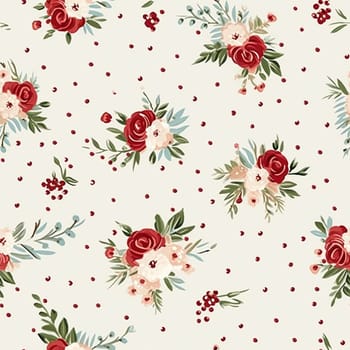 Seamless pattern, tileable Christmas holiday floral, country flowers dots print, English countryside roses for wallpaper, wrapping paper, scrapbook, fabric and product design motif