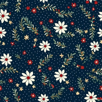 Seamless pattern, tileable Christmas holiday floral country dots print on dark background, English countryside flowers for wallpaper, wrapping paper, scrapbook, fabric and product design motif