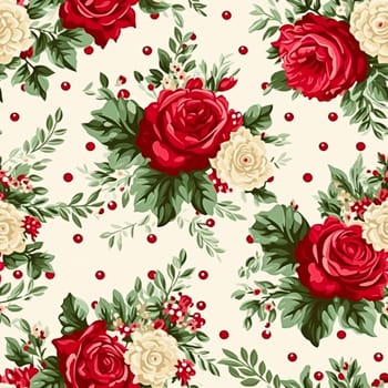 Seamless pattern, tileable Christmas holiday floral, country flowers dots print, English countryside roses for wallpaper, wrapping paper, scrapbook, fabric and product design motif