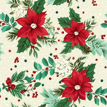 Seamless pattern, tileable Christmas holiday floral country dots print, English countryside flowers for wallpaper, wrapping paper, scrapbook, fabric and product design motif