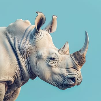 Close up of a majestic White Rhinoceros head against a clear blue sky, showcasing the powerful jaw and natural material of this terrestrial animal