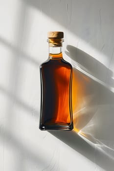 An amber glass bottle of Disaronno, a bourbon whiskey, is sitting on a table with a cork. The bottle contains a liquid alcoholic beverage