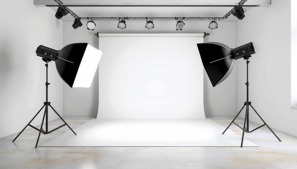 A white room with two lighting fixtures on tripods by AI generated image.