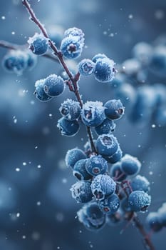 A cluster of electric blueberries adorned with frost hangs from a tree branch, resembling frozen fruit jewels under the winter sky