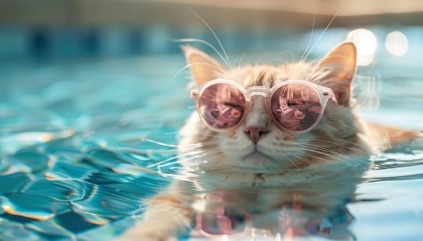 A cat wearing sunglasses is swimming in a pool by AI generated image.