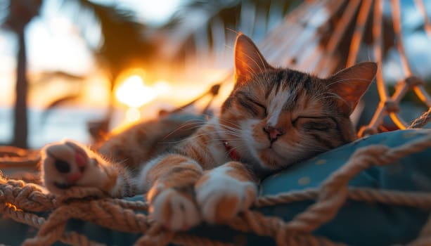 A cat is sleeping on a hammock by AI generated image.