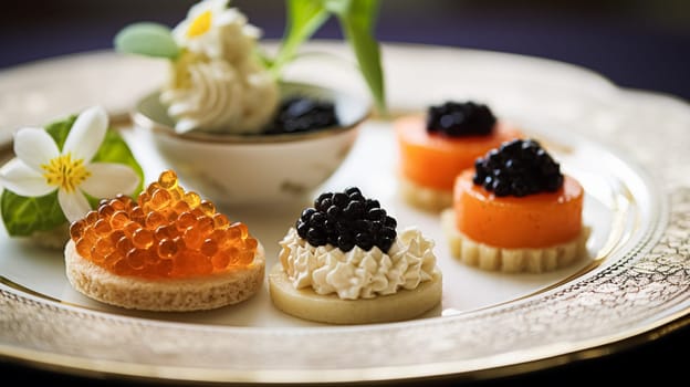 Food, hospitality and room service, starter appetisers with caviar as exquisite cuisine in hotel restaurant a la carte menu, culinary art and fine dining experience