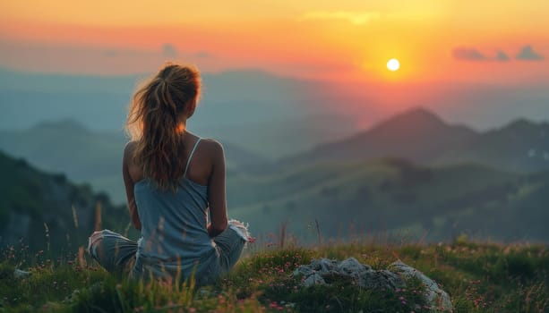 A woman sits on a hillside overlooking a beautiful sunset by AI generated image.