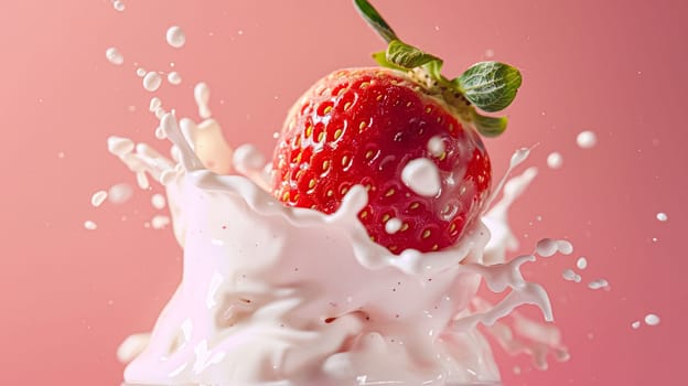 Strawberries falling into cream, milk or yoghurt on pink background, strawberry dessert