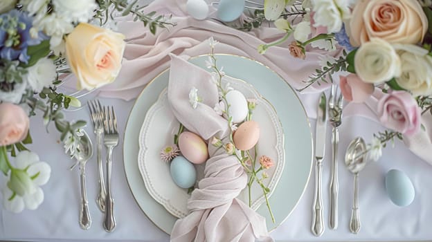 Easter tablescape decoration, floral holiday table decor for family celebration, spring flowers, Easter eggs, Easter bunny and vintage dinnerware, English country and home styling